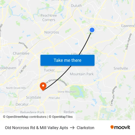 Old Norcross Rd & Mill Valley Apts to Clarkston map