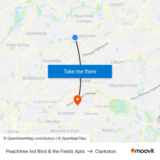 Peachtree Ind Blvd & the Fields Apts to Clarkston map
