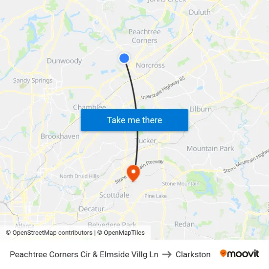 Peachtree Corners Cir & Elmside Villg Ln to Clarkston map