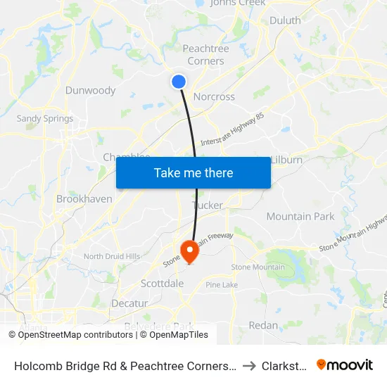 Holcomb Bridge Rd & Peachtree Corners Ci to Clarkston map