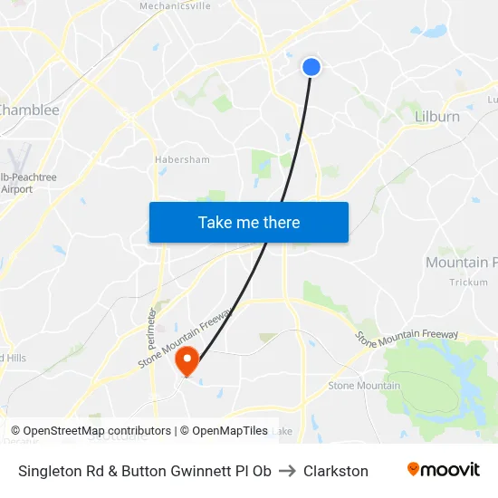 Singleton Rd & Button Gwinnett Pl Ob to Clarkston map