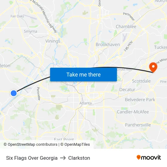 Six Flags Over Georgia to Clarkston map
