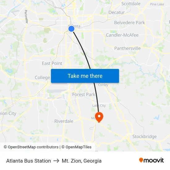 Atlanta Bus Station to Mt. Zion, Georgia map