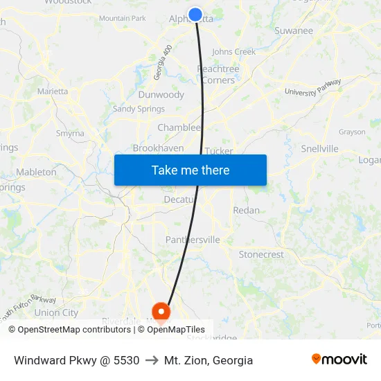 Windward Pkwy @ 5530 to Mt. Zion, Georgia map