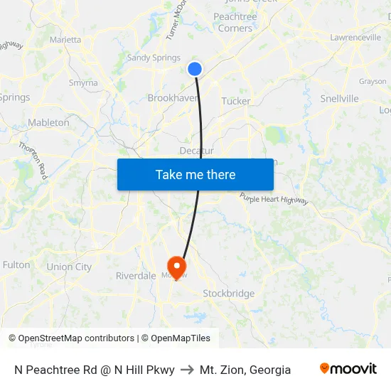 N Peachtree Rd @ N Hill Pkwy to Mt. Zion, Georgia map