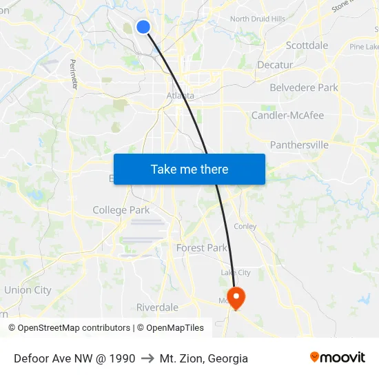Defoor Ave NW @ 1990 to Mt. Zion, Georgia map