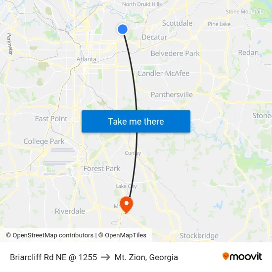 Briarcliff Rd NE @ 1255 to Mt. Zion, Georgia map