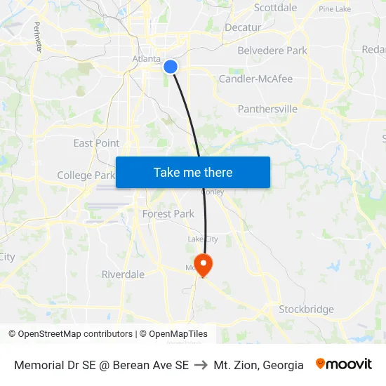Memorial Dr SE @ Berean Ave SE to Mt. Zion, Georgia map