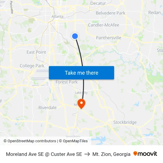 Moreland Ave SE @ Custer Ave SE to Mt. Zion, Georgia map