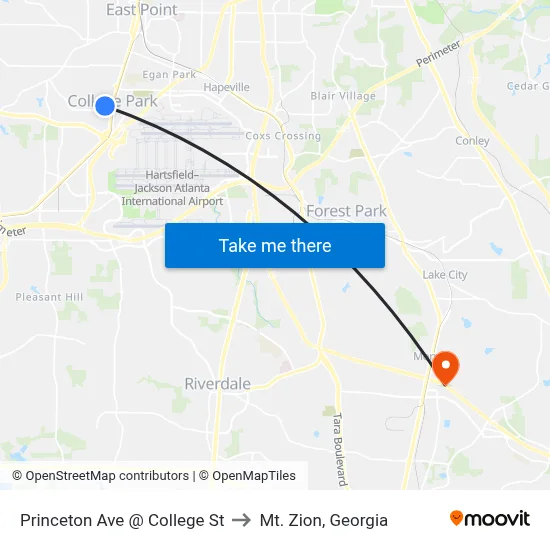 Princeton Ave @ College St to Mt. Zion, Georgia map