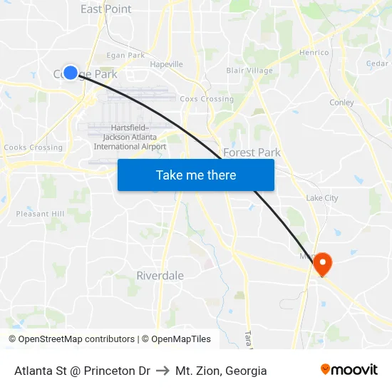 Atlanta St @ Princeton Dr to Mt. Zion, Georgia map