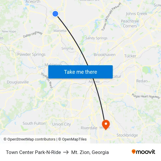 Town Center Park-N-Ride to Mt. Zion, Georgia map