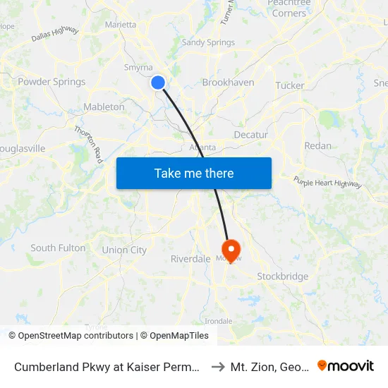 Cumberland Pkwy at Kaiser Permanente to Mt. Zion, Georgia map