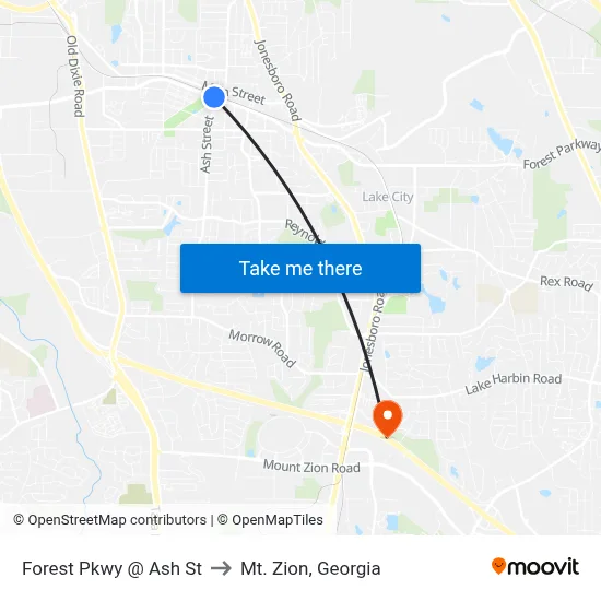 Forest Pkwy @ Ash St to Mt. Zion, Georgia map