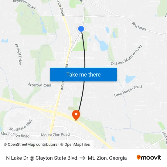 N Lake Dr @ Clayton State Blvd to Mt. Zion, Georgia map