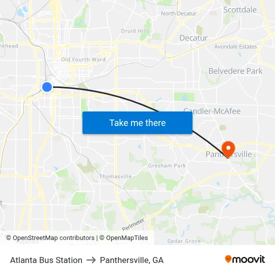 Atlanta Bus Station to Panthersville, GA map