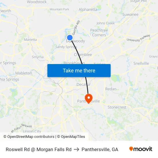 Roswell Rd @ Morgan Falls Rd to Panthersville, GA map