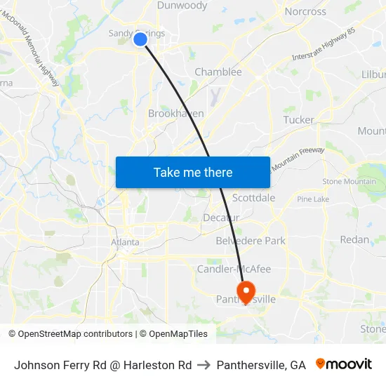 Johnson Ferry Rd @ Harleston Rd to Panthersville, GA map