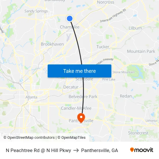 N Peachtree Rd @ N Hill Pkwy to Panthersville, GA map