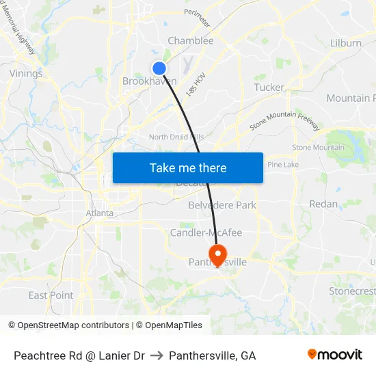 Peachtree Rd @ Lanier Dr to Panthersville, GA map