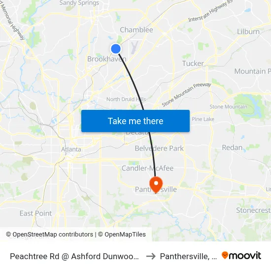 Peachtree Rd @ Ashford Dunwoody Rd to Panthersville, GA map