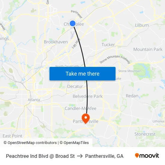 Peachtree Ind Blvd @ Broad St to Panthersville, GA map
