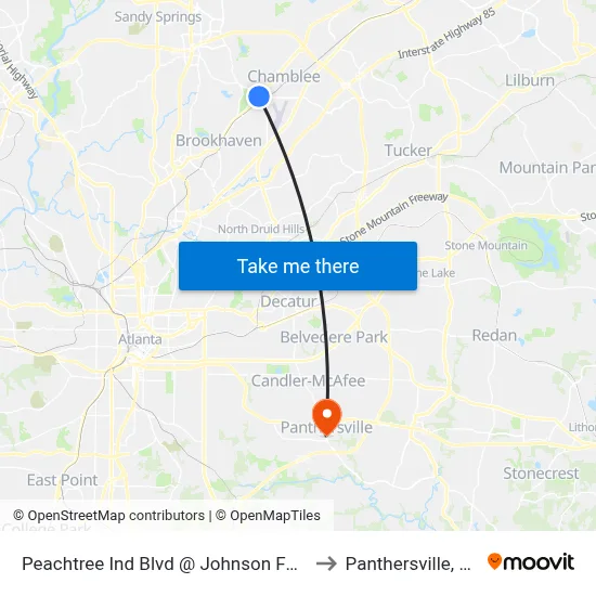 Peachtree Ind Blvd @ Johnson Ferry to Panthersville, GA map