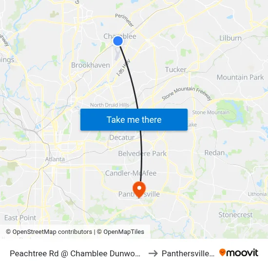Peachtree Rd @ Chamblee Dunwoody Way to Panthersville, GA map