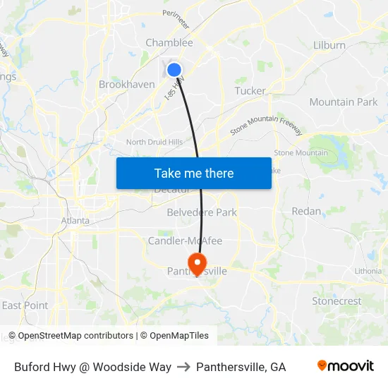 Buford Hwy @ Woodside Way to Panthersville, GA map