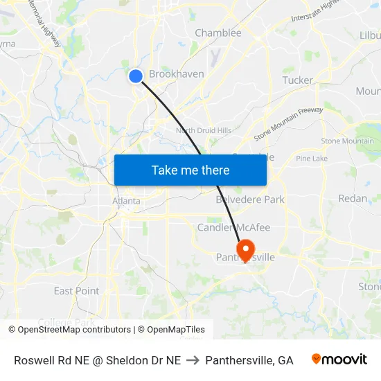 Roswell Rd NE @ Sheldon Dr NE to Panthersville, GA map