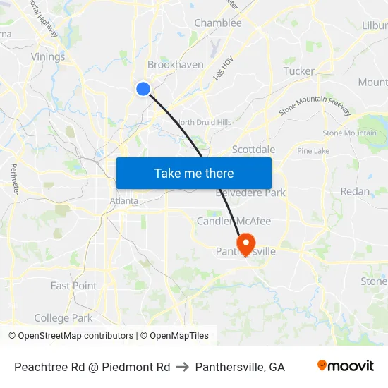 Peachtree Rd @ Piedmont Rd to Panthersville, GA map