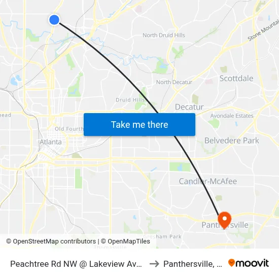 Peachtree Rd NW @ Lakeview Ave NE to Panthersville, GA map