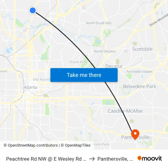 Peachtree Rd NW @ E Wesley Rd NE to Panthersville, GA map