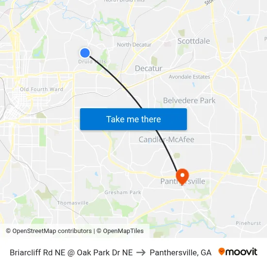 Briarcliff Rd NE @ Oak Park Dr NE to Panthersville, GA map