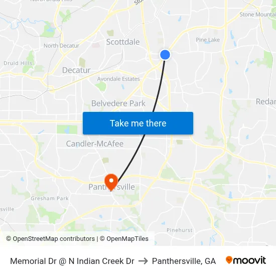 Memorial Dr @ N Indian Creek Dr to Panthersville, GA map