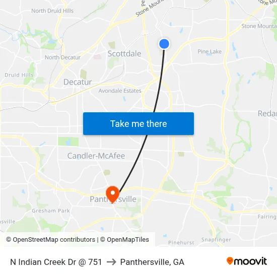 N Indian Creek Dr @ 751 to Panthersville, GA map