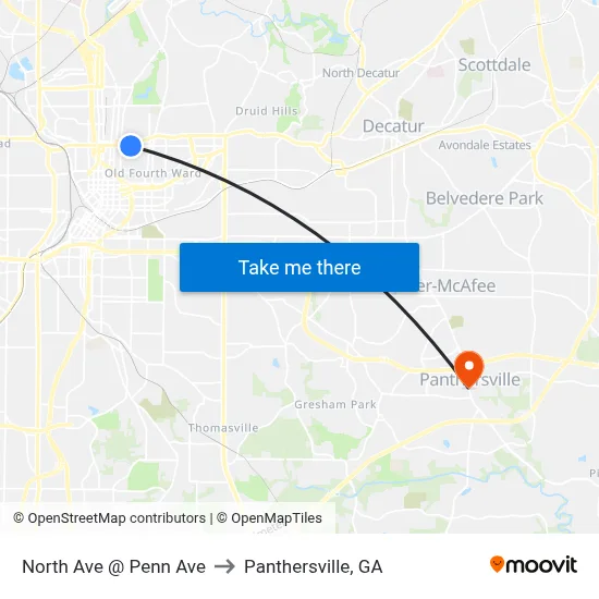 North Ave @ Penn Ave to Panthersville, GA map