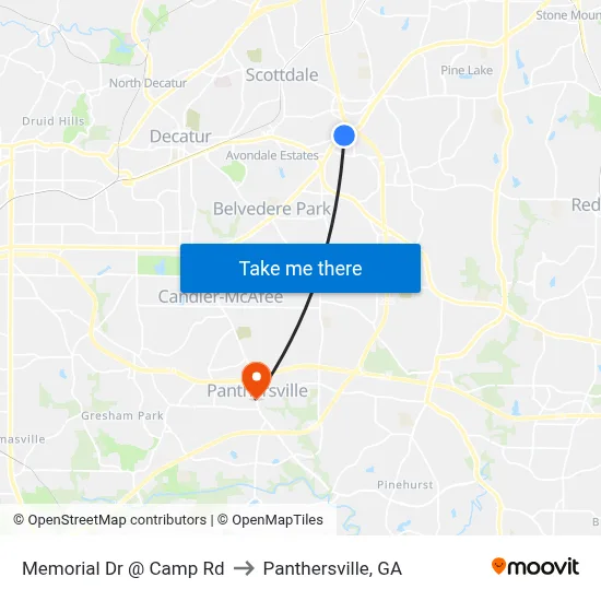 Memorial Dr @ Camp Rd to Panthersville, GA map