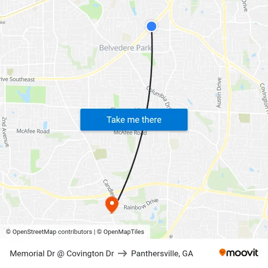 Memorial Dr @ Covington Dr to Panthersville, GA map