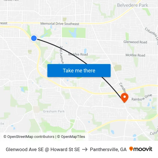 Glenwood Ave SE @ Howard St SE to Panthersville, GA map