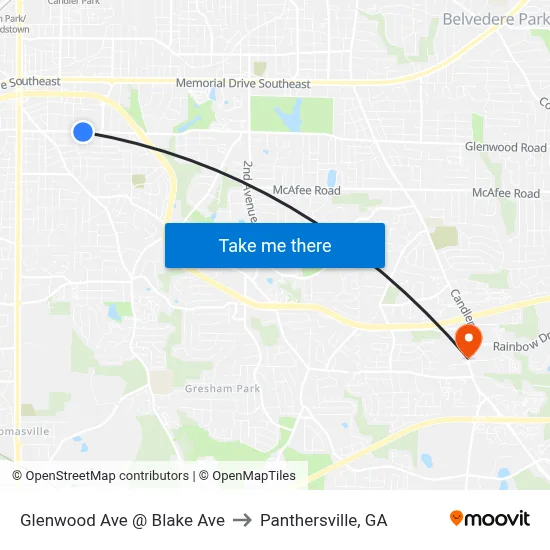 Glenwood Ave @ Blake Ave to Panthersville, GA map