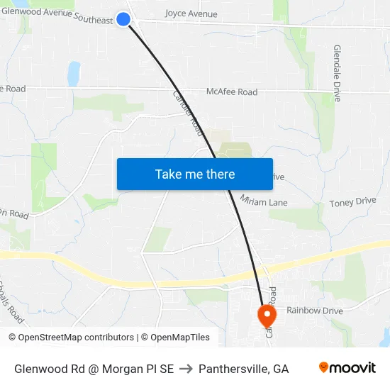 Glenwood Rd @ Morgan Pl SE to Panthersville, GA map