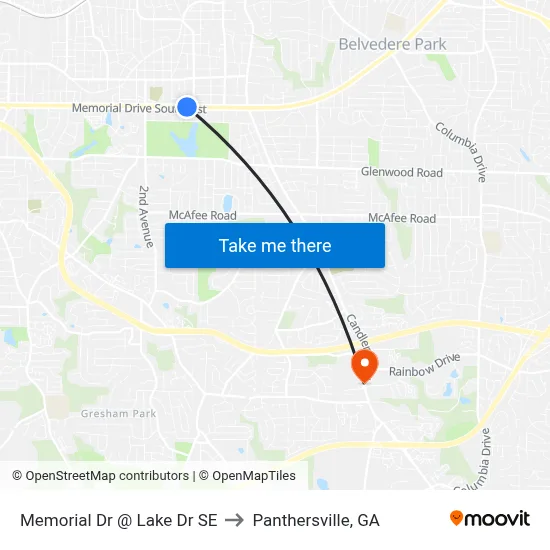 Memorial Dr @ Lake Dr SE to Panthersville, GA map