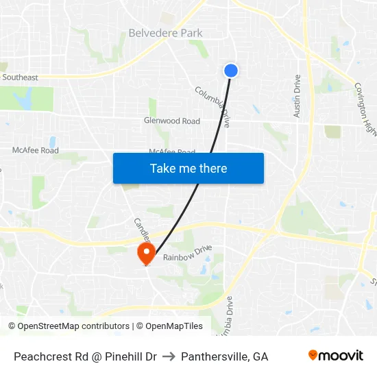 Peachcrest Rd @ Pinehill Dr to Panthersville, GA map