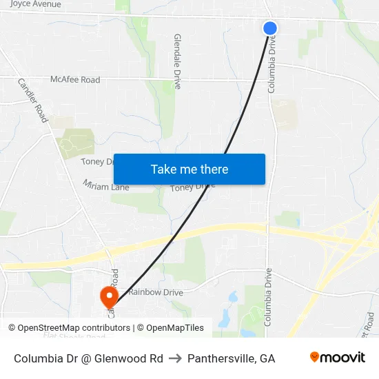 Columbia Dr @ Glenwood Rd to Panthersville, GA map