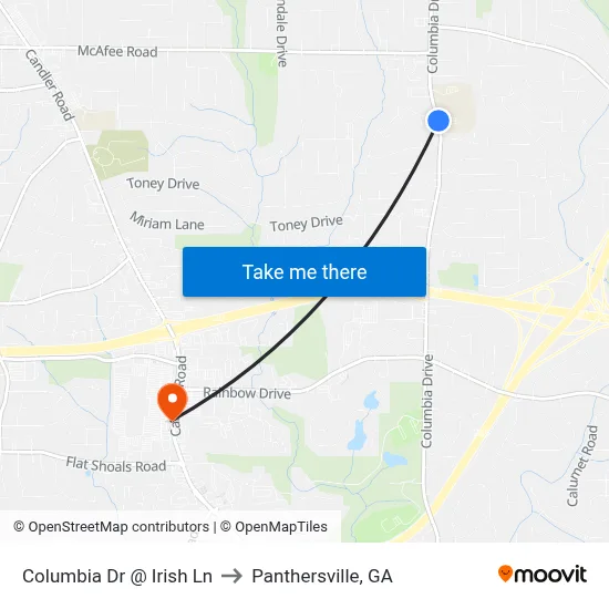 Columbia Dr @ Irish Ln to Panthersville, GA map