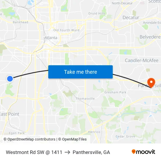 Westmont Rd SW @ 1411 to Panthersville, GA map