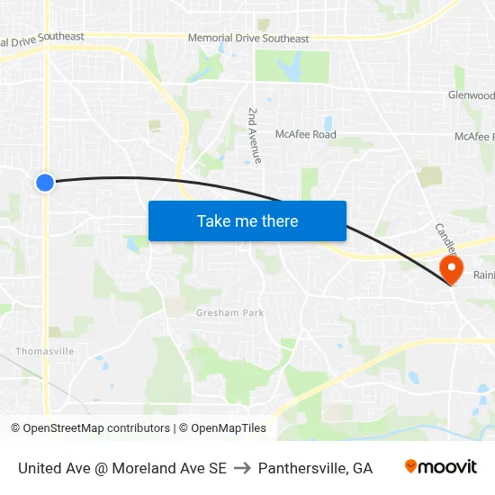 United Ave @ Moreland Ave SE to Panthersville, GA map