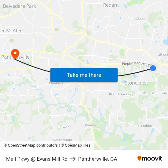 Mall Pkwy @ Evans Mill Rd to Panthersville, GA map