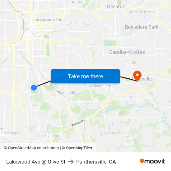 Lakewood Ave @ Olive St to Panthersville, GA map